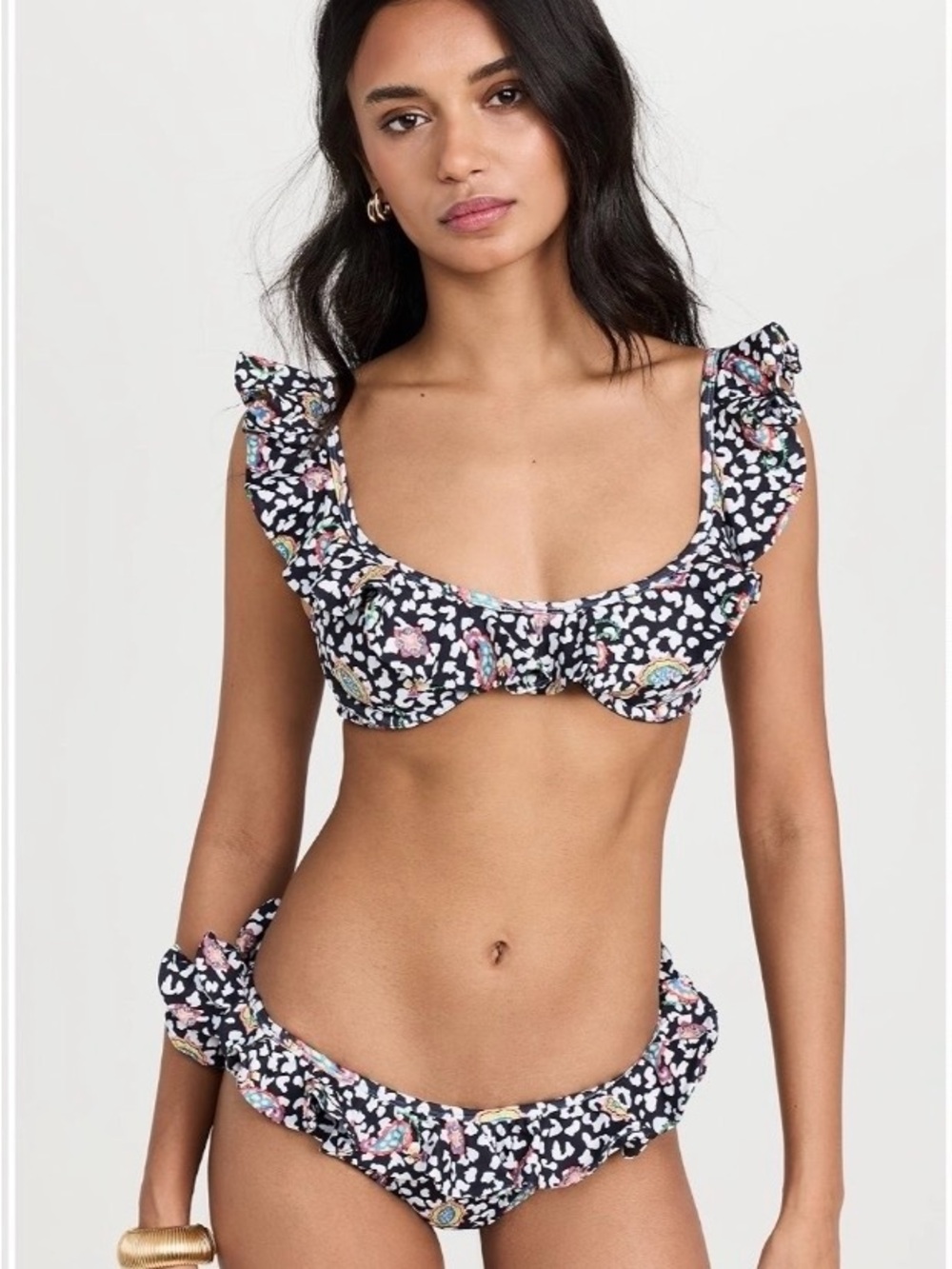 Caroline Constas “Anastasia” Black Leopard Paisley, Ruffle Bikini Top sz XS NWT
